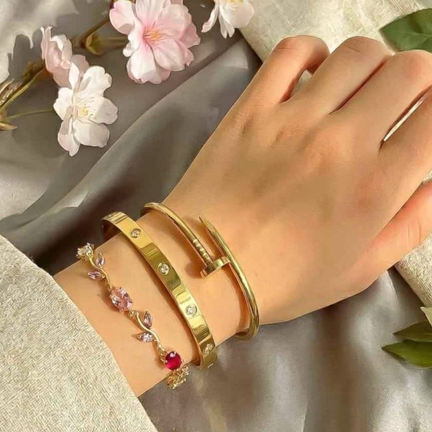 3-Piece Gold Plated Stacking Bracelet Set for Women - Love Bangle, Nail Cuff & Floral Crystal Bracelet Set